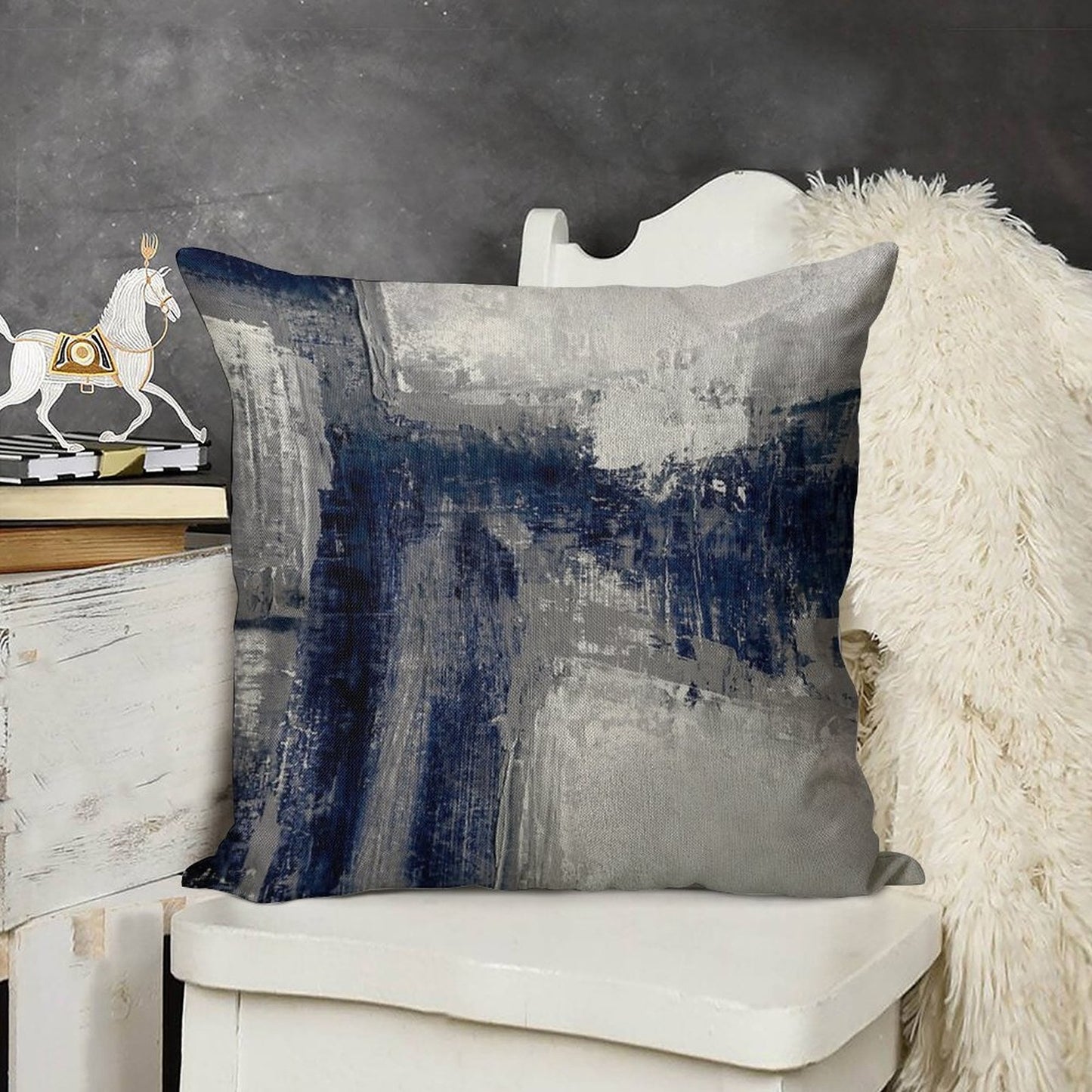 Blue Gray Abstract Linen Throw Pillow Cover
