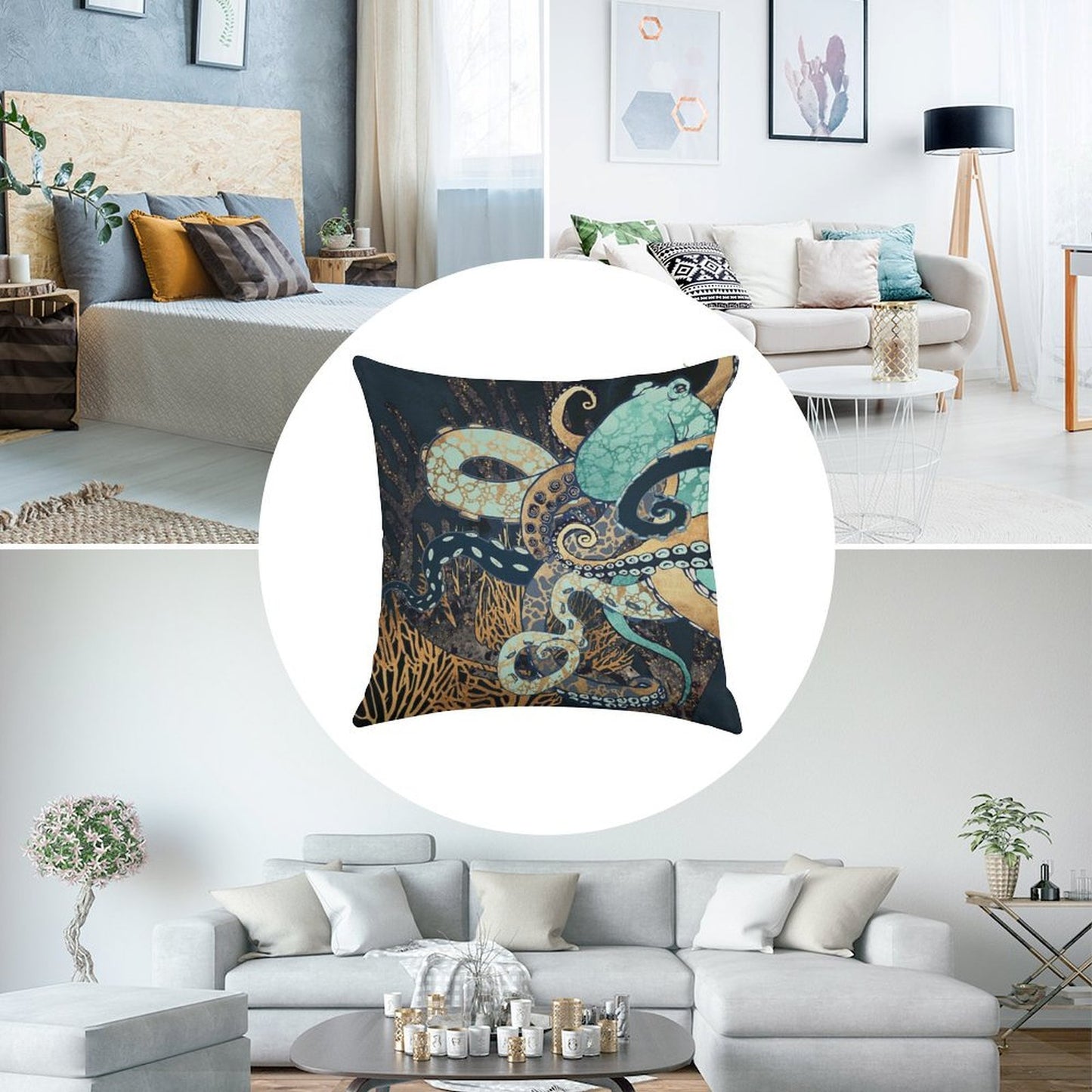 Metallic Octopus II Linen Throw Pillow Cover