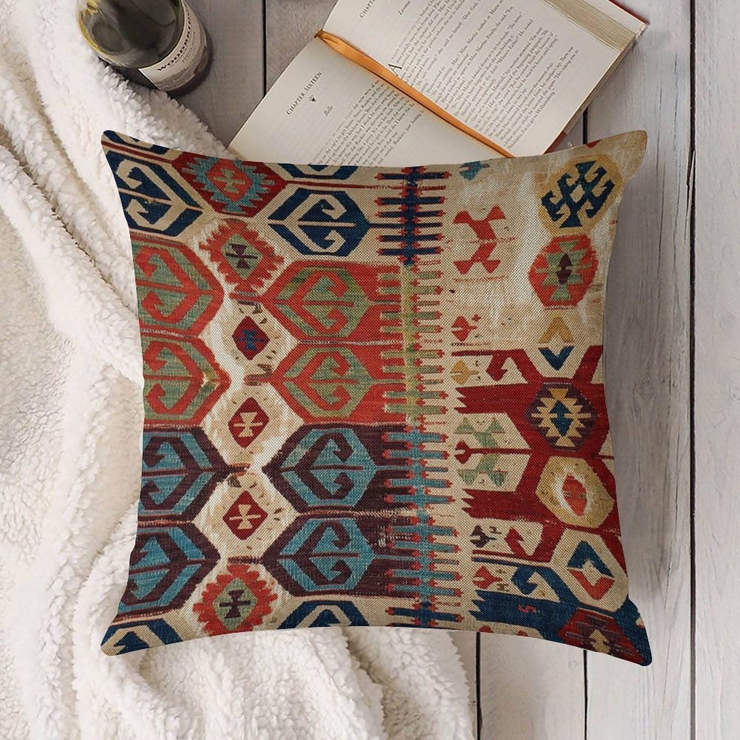 Aksaray Tribal Antique Turkish Kilim Print Linen Throw Pillow Cover