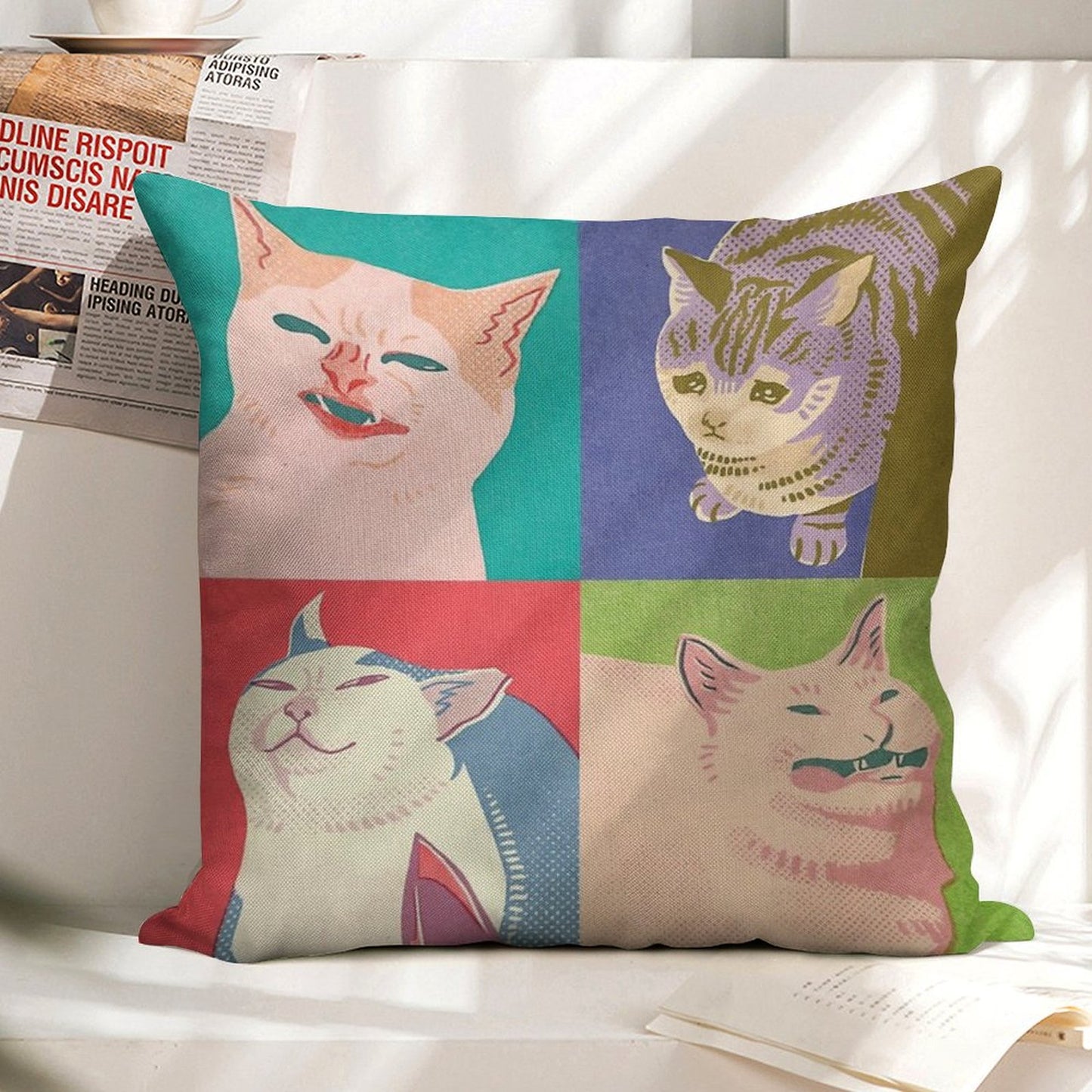 Four Meme Cats of The Apocalypse Linen Throw Pillow Cover