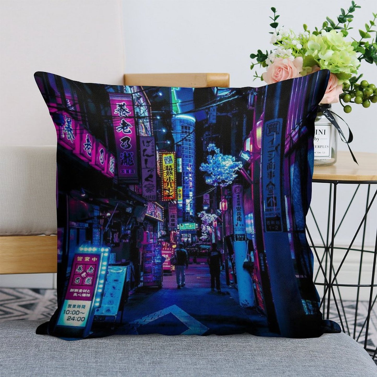 Blue Tokyo Alleys Linen Throw Pillow Cover