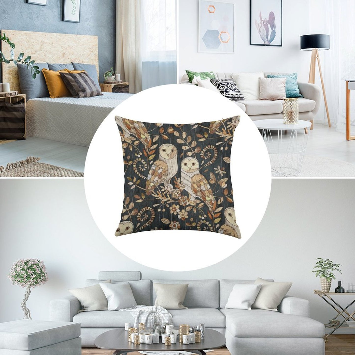 Wooden Wonderland Barn Owl Collage Linen Throw Pillow Cover