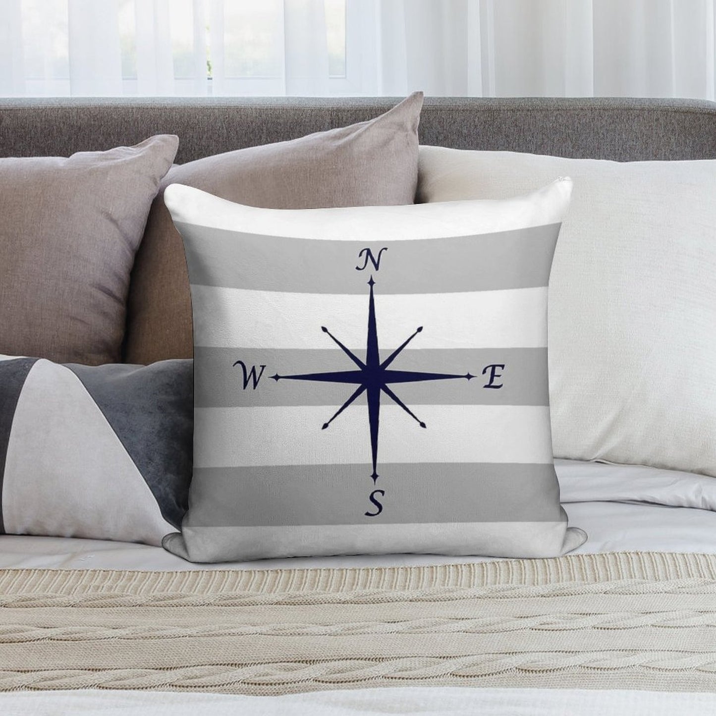 Nautical Navy Blue Compass On Silver Gray And White Stripes Soft Washable Throw Pillow