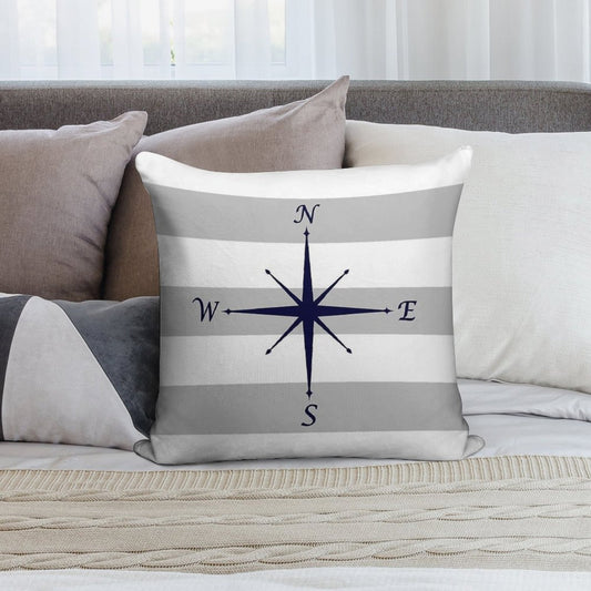 Nautical Navy Blue Compass On Silver Gray And White Stripes Soft Washable Throw Pillow