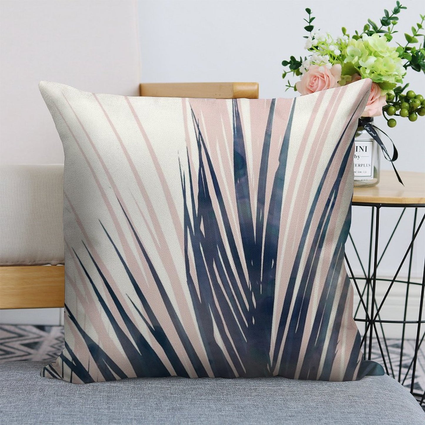 Contemporary Palm Leaf in Navy Blue And Blush Pink Linen Throw Pillow Cover