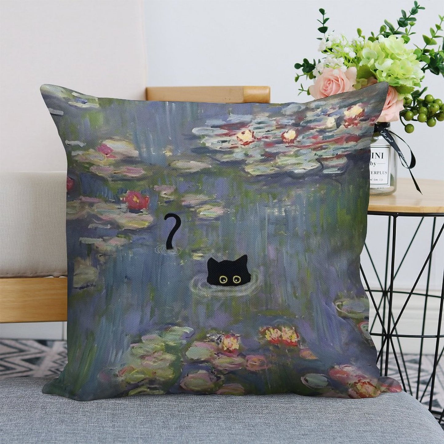 Cat Monet Waterlily Linen Throw Pillow Cover
