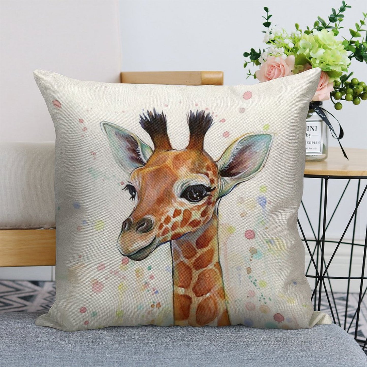 Baby Giraffe Watercolor Painting, Nursery Art Linen Throw Pillow Cover