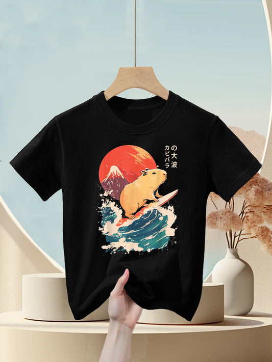 Japanese Capybara Surfing Wave Great Wave Japan Kids T-Shirt