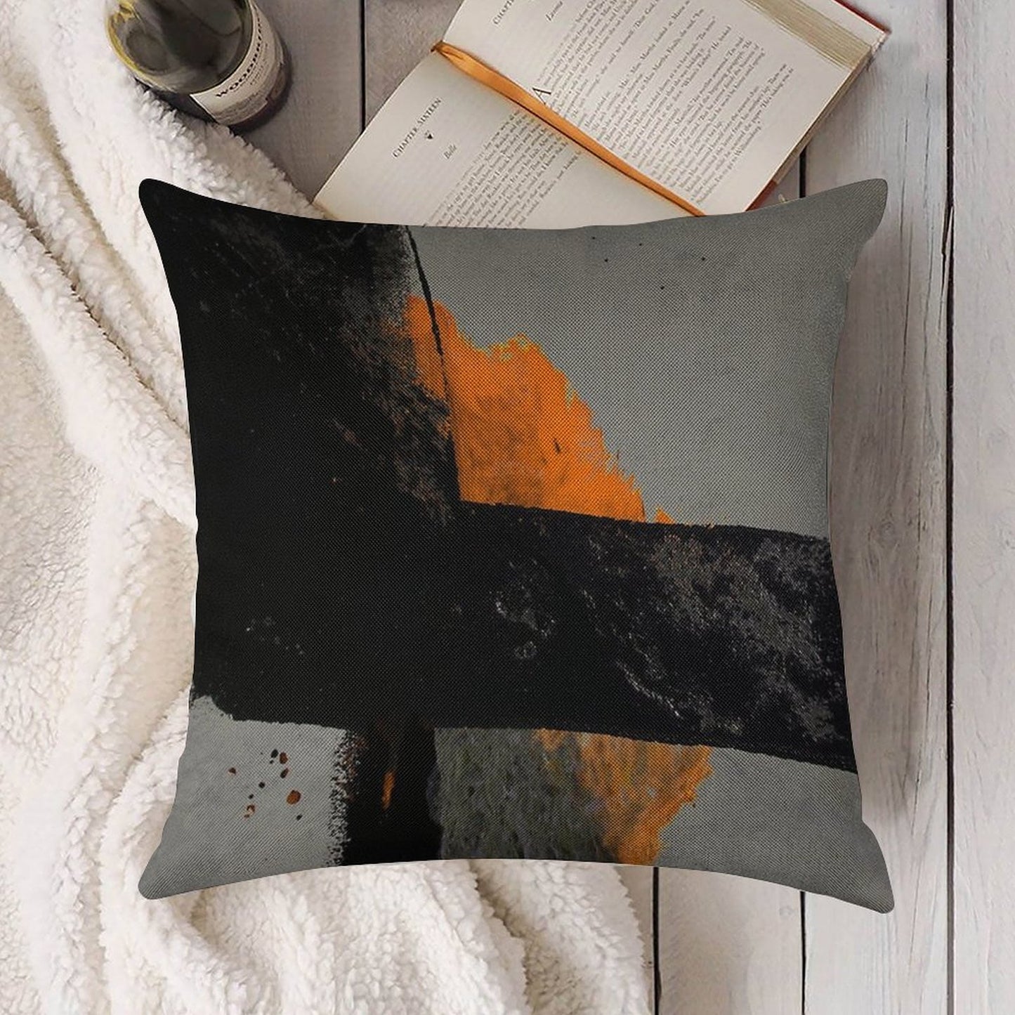 Minimal Orange on Black Linen Throw Pillow Cover