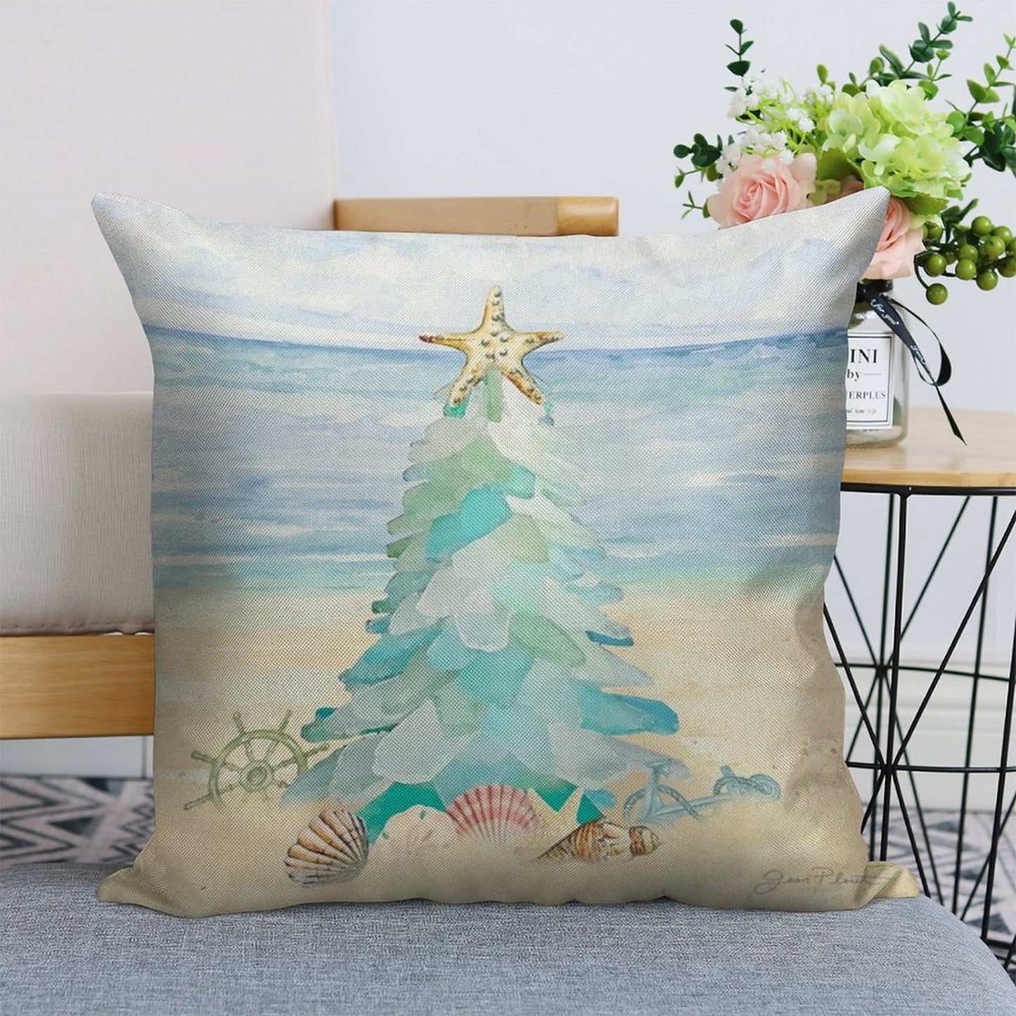 Coastal Seaglass Christmas Tree B Linen Throw Pillow Cover