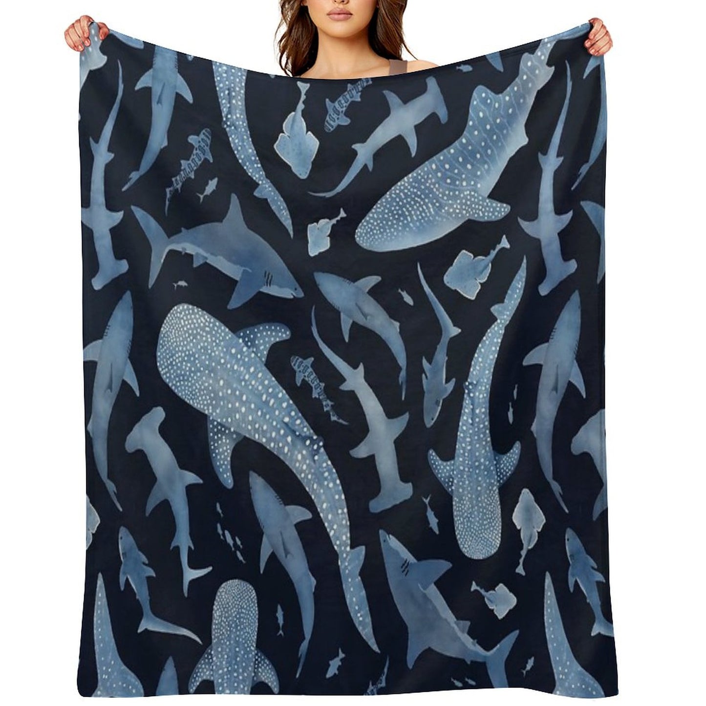 Monochrome Blue Watercolour Shark Ocean on Black Throw Blanket