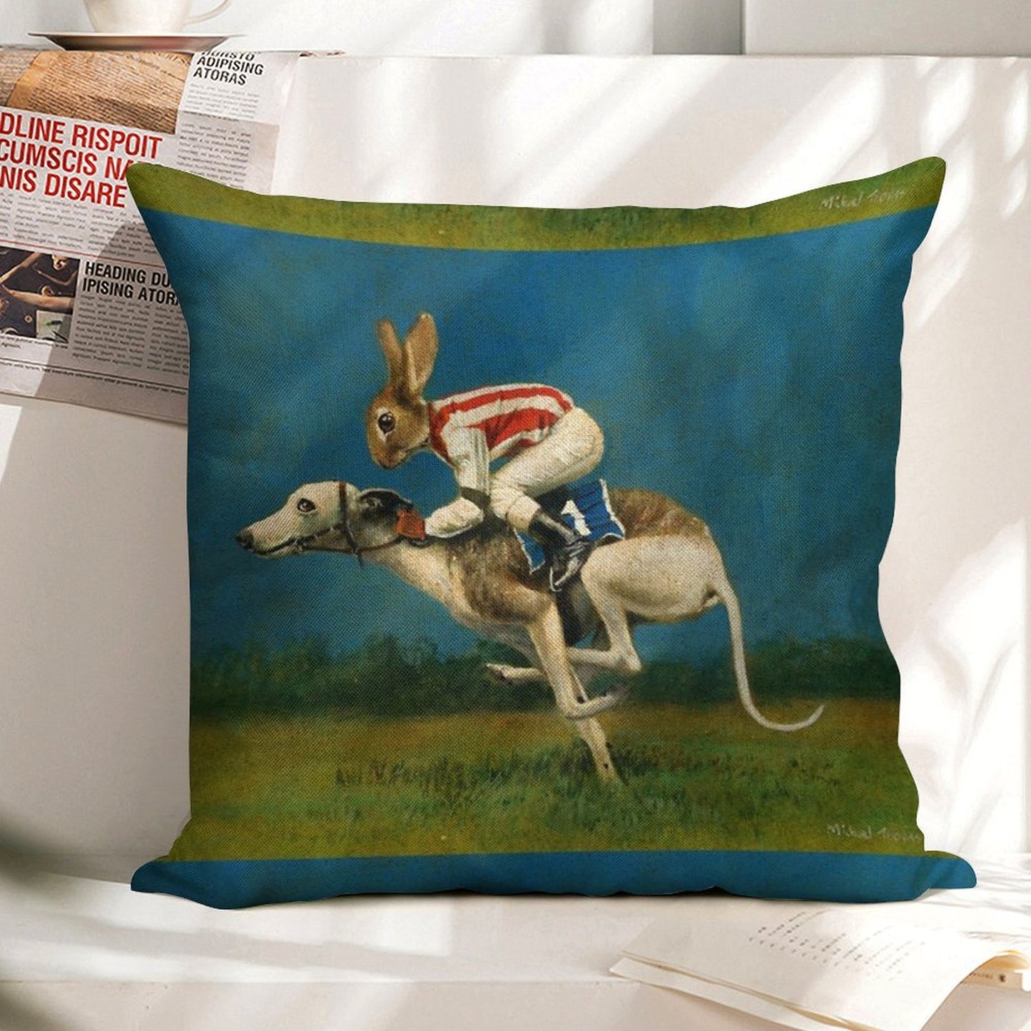 Whippet Racer Linen Throw Pillow Cover