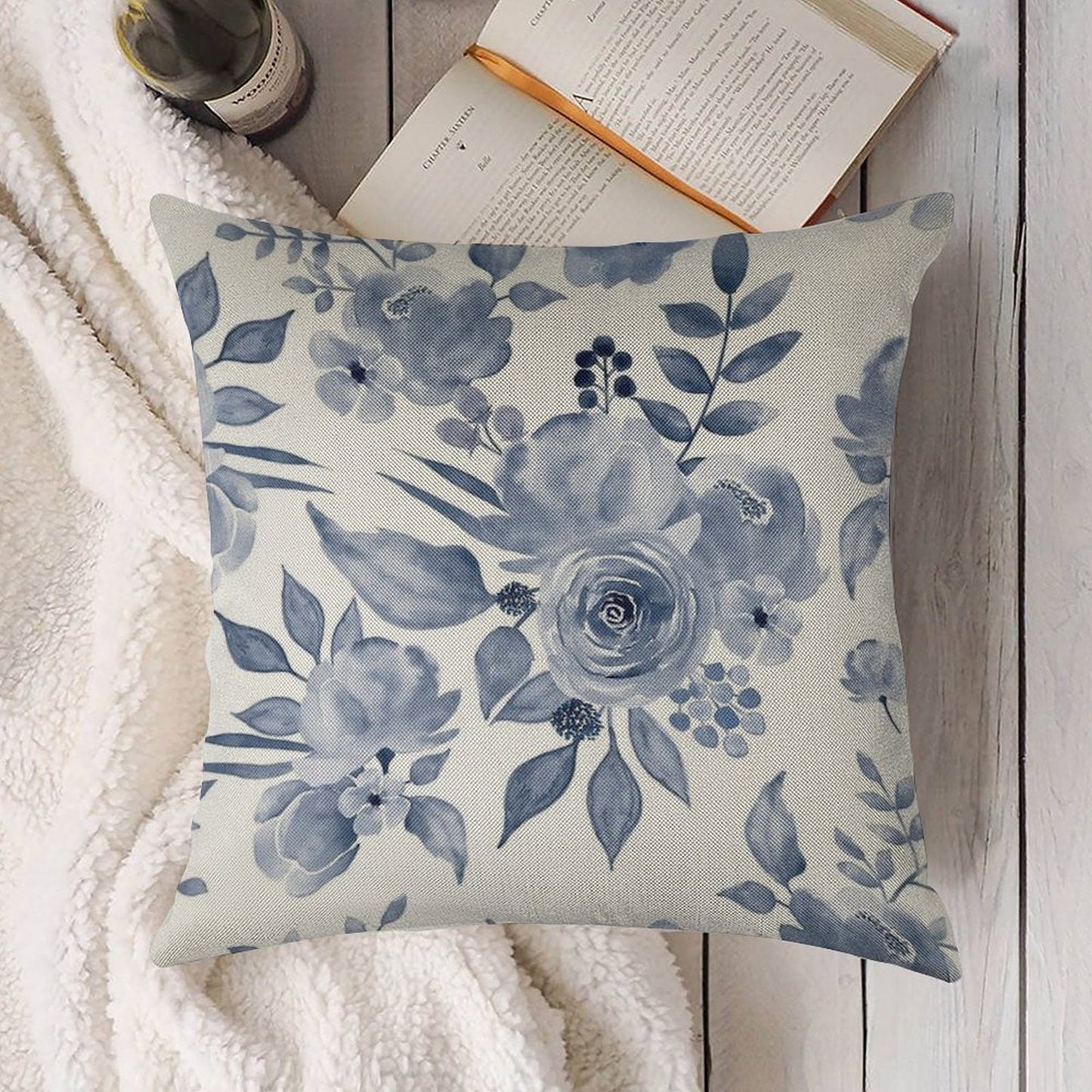 Hamptons Style Floral Design Linen Throw Pillow Cover
