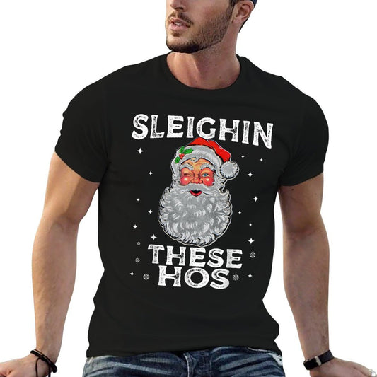 Funny Sleighin These Hos Quote Xmas Santas Sleigh Adult Joke Oversized Silhouette T-Shirt