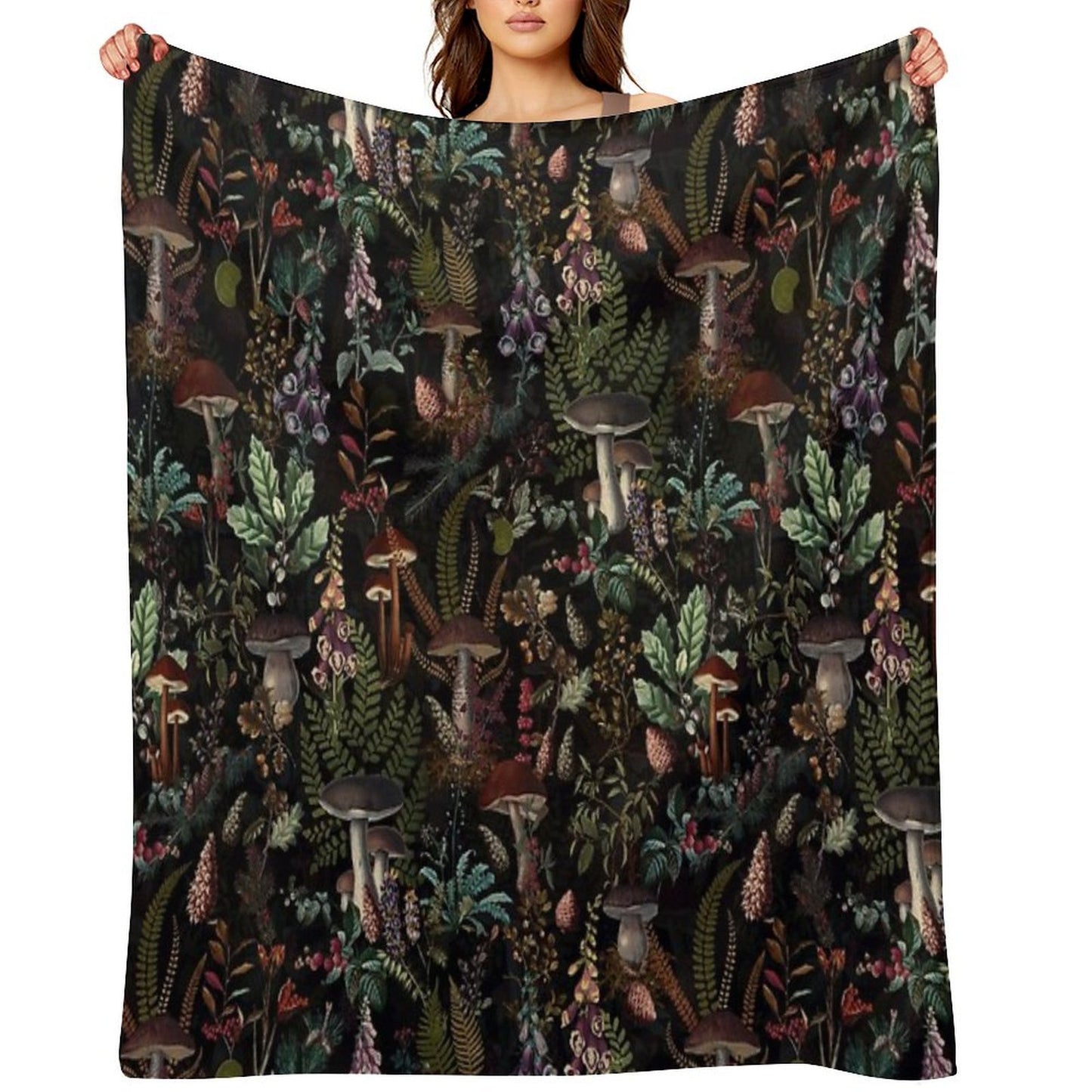 Vintage Mysterious Mushrooms Forest Botanical Botanical Night Garden Pattern NightGarden Throw Blanket