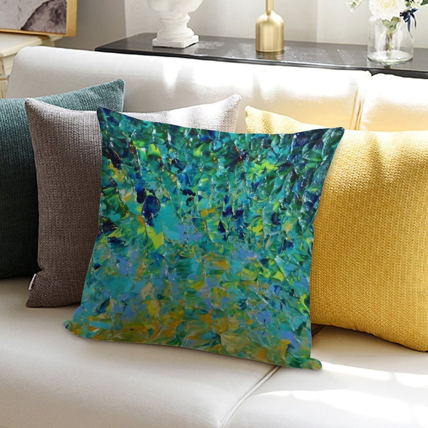BEAUTY BENEATH THE SURFACE - Stunning Lake Ocean River Water Nature Green Blue Teal Yellow Aqua Abstract Soft Hidden Zipper Throw Pillow