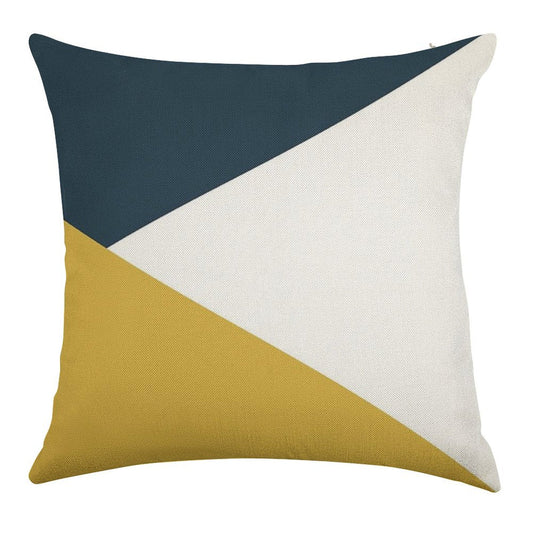 Angled Color Block in Navy Blue, Light Mustard Yellow, And White Linen Throw Pillow Cover
