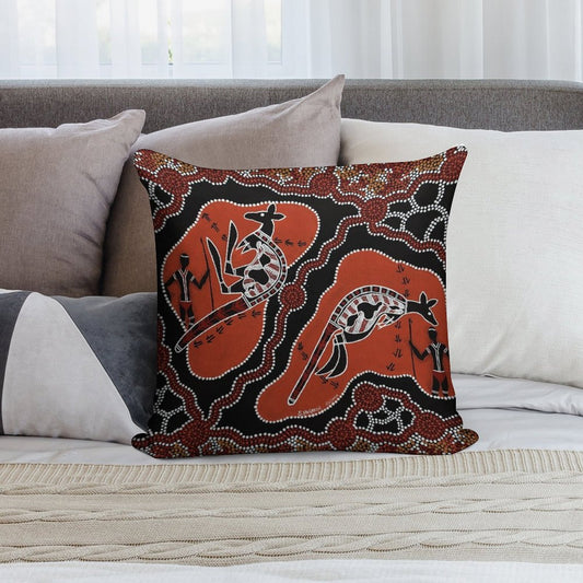 Authentic Aboriginal Art -  Men Kangaroo Hunting Soft Fade-Resistant Throw Pillow