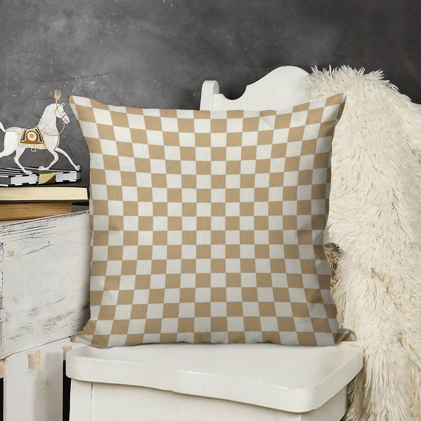 White And Tan Brown Checkerboard Linen Throw Pillow Cover