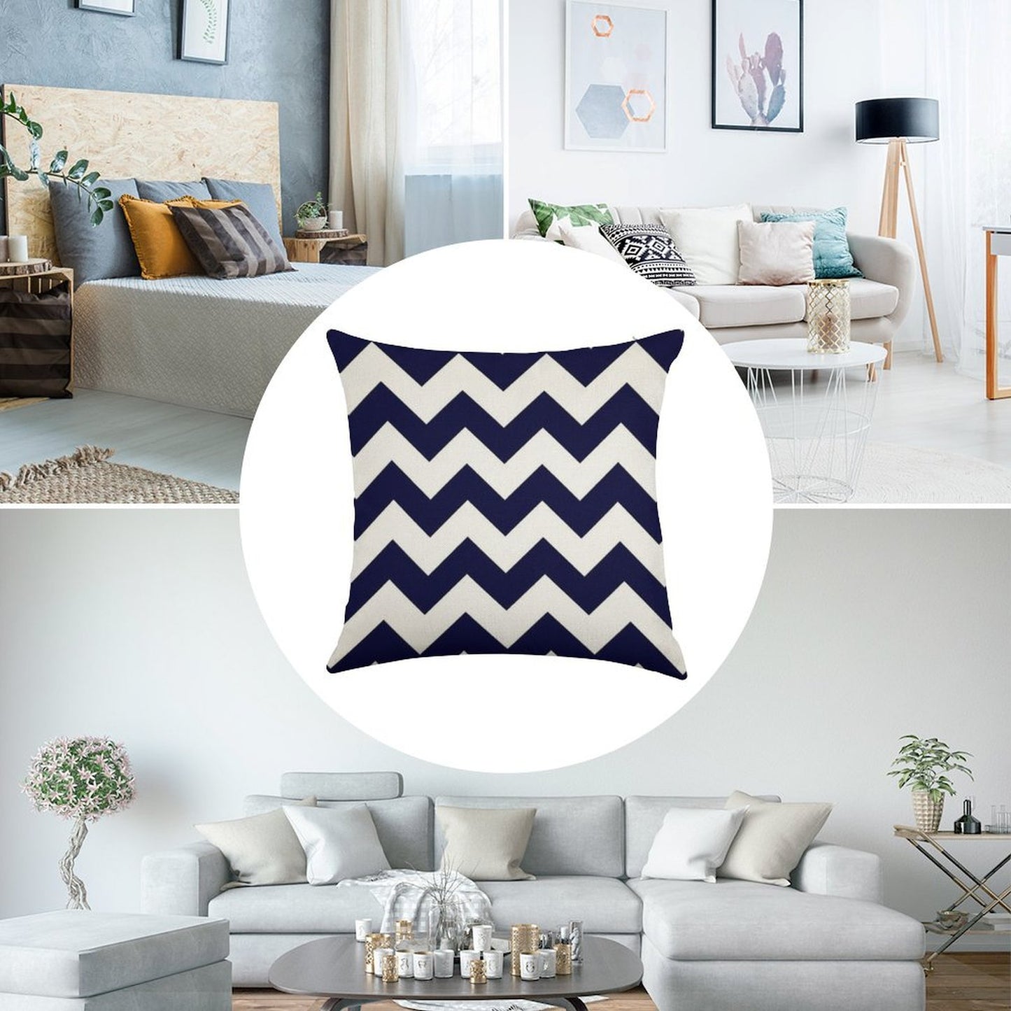 Navy Blue And White Chevron Stripes Linen Throw Pillow Cover