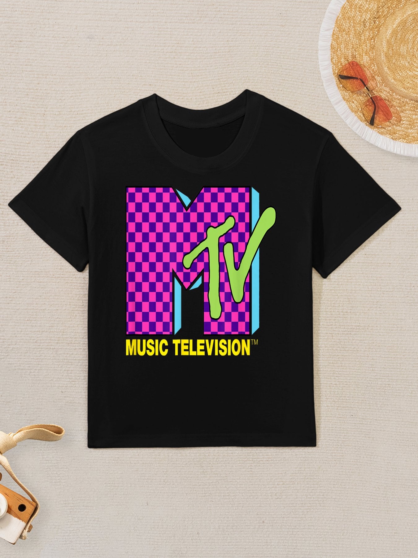 MTV Music Television Retro 80's Neon Pink Checkerboard Logo Kids T-Shirt