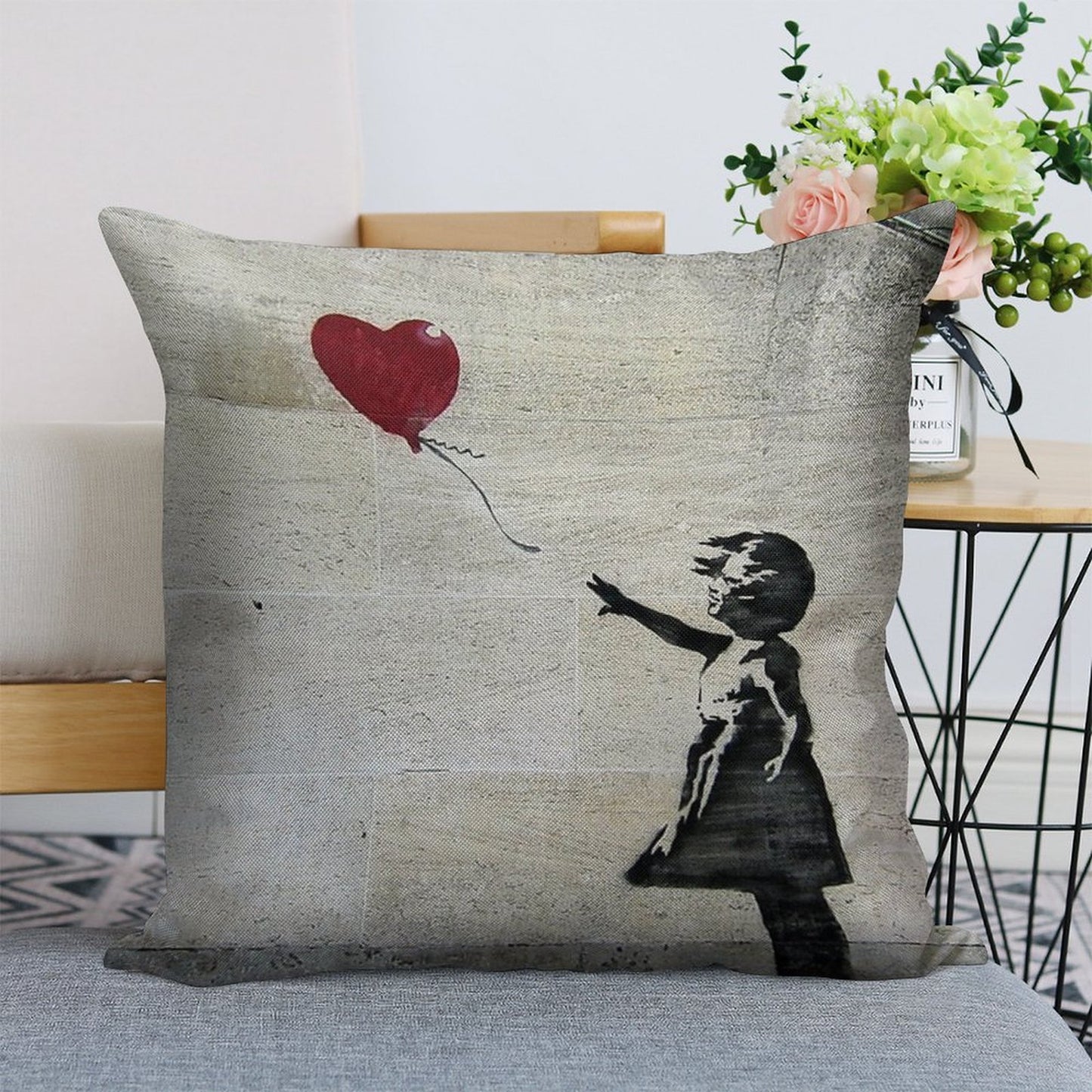 Banksy's Girl with A Red Balloon Linen Throw Pillow Cover