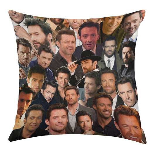 Hugh Jackman Photo Collage Linen Throw Pillow Cover