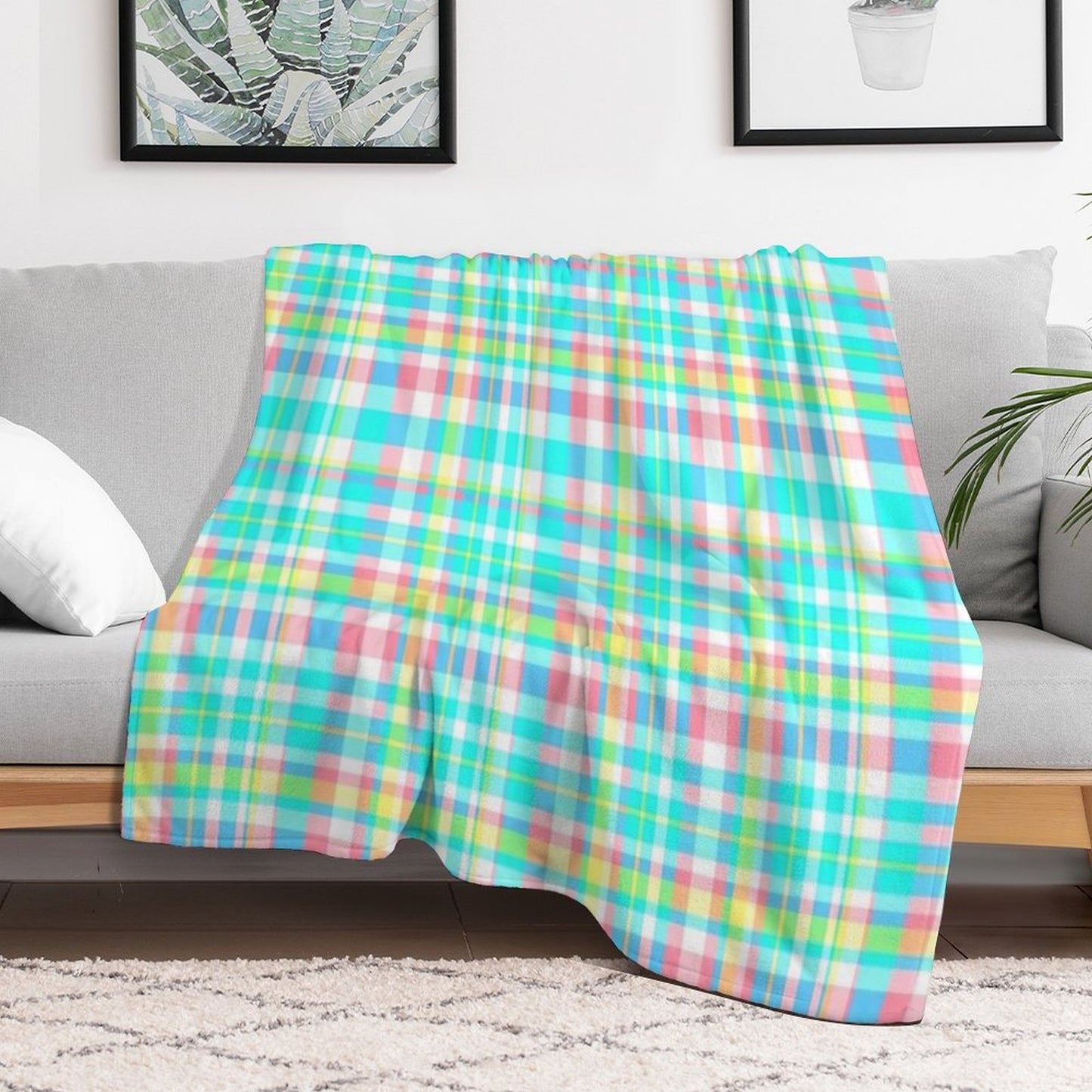 Pastel Aqua Blue Pink Yellow Plaid Spring Preppy Throw Blanket