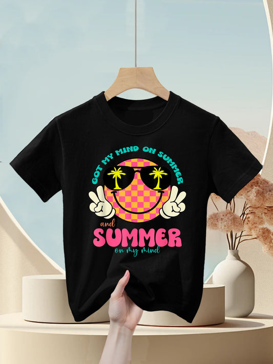 Groovy Happy Face Summer Vibes Got My Mind On Summer Teacher Kids T-Shirt