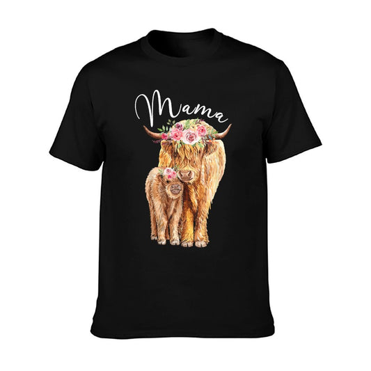 Mama Highland Cow With Baby Calf Floral Mothers Day Mom Gift T-Shirt