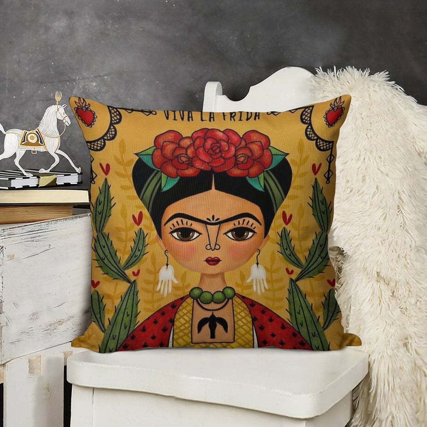 Frida Kahlo Illustration Linen Throw Pillow Cover