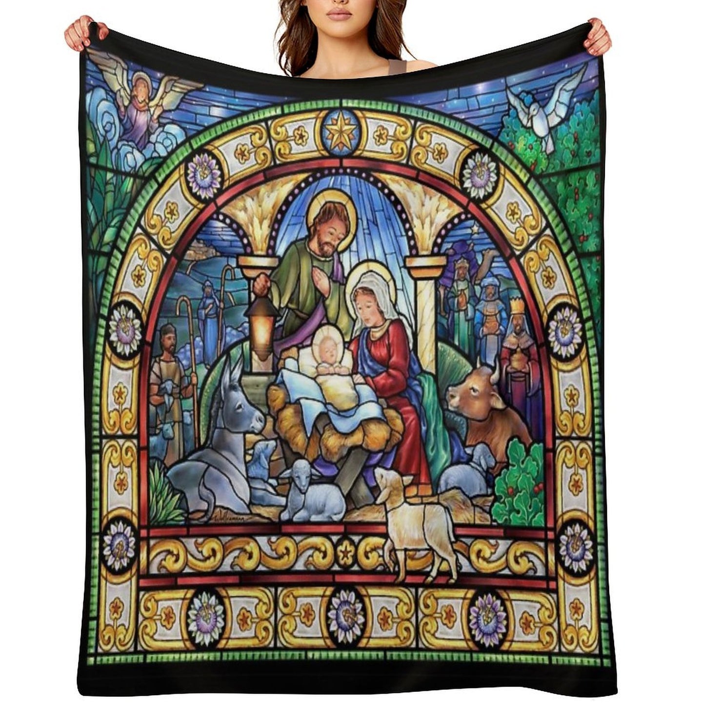 Stained Glass Nativity Throw Blanket