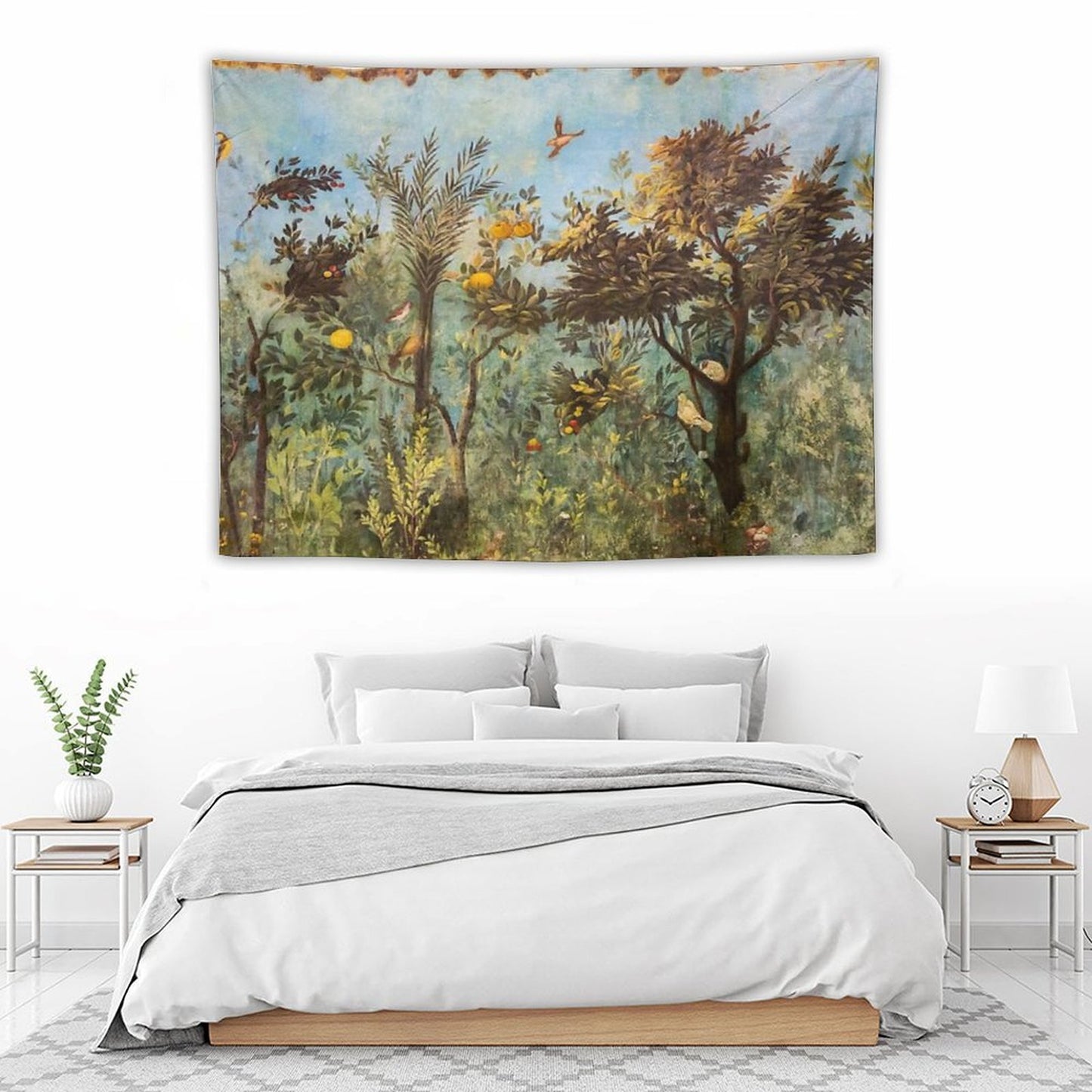 ANTIQUE ROMAN WALL PAINTING Flower Garden Flying Birds ,Quince And Apple Trees Tapestry
