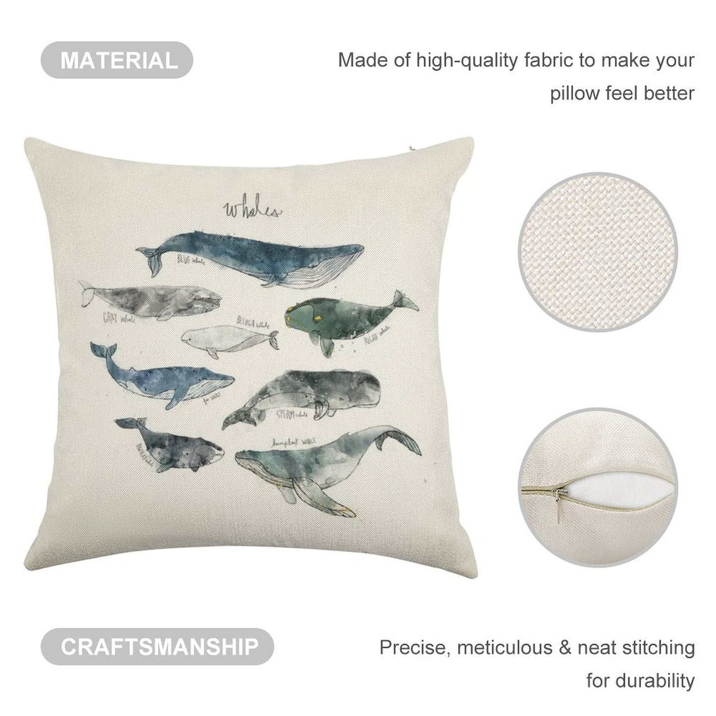 Whales Linen Throw Pillow Cover