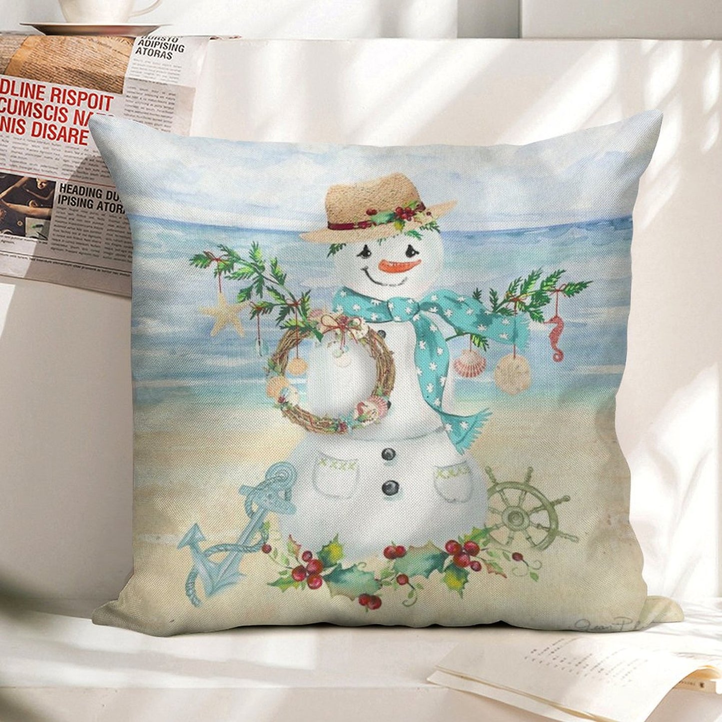 Coastal Christmas F Linen Throw Pillow Cover
