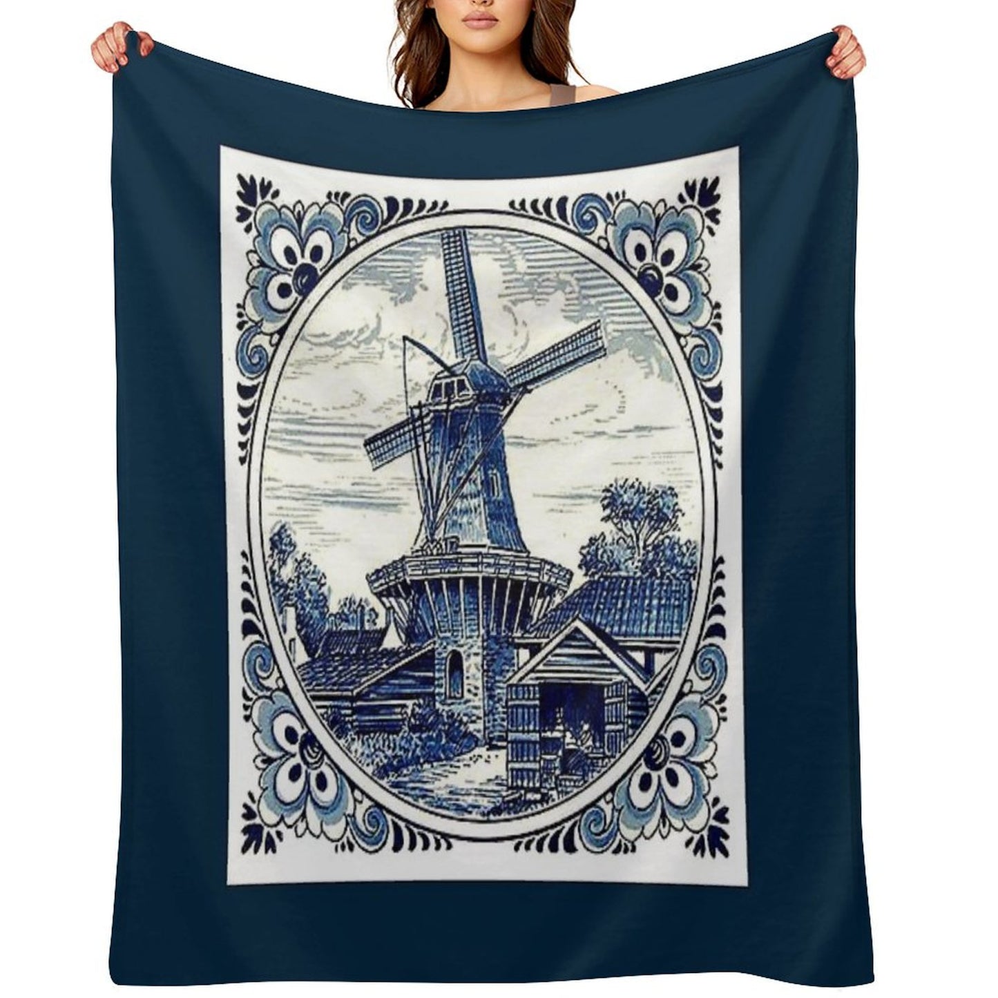 DUTCH BLUE DELFT Vintage Windmill Print Throw Blanket