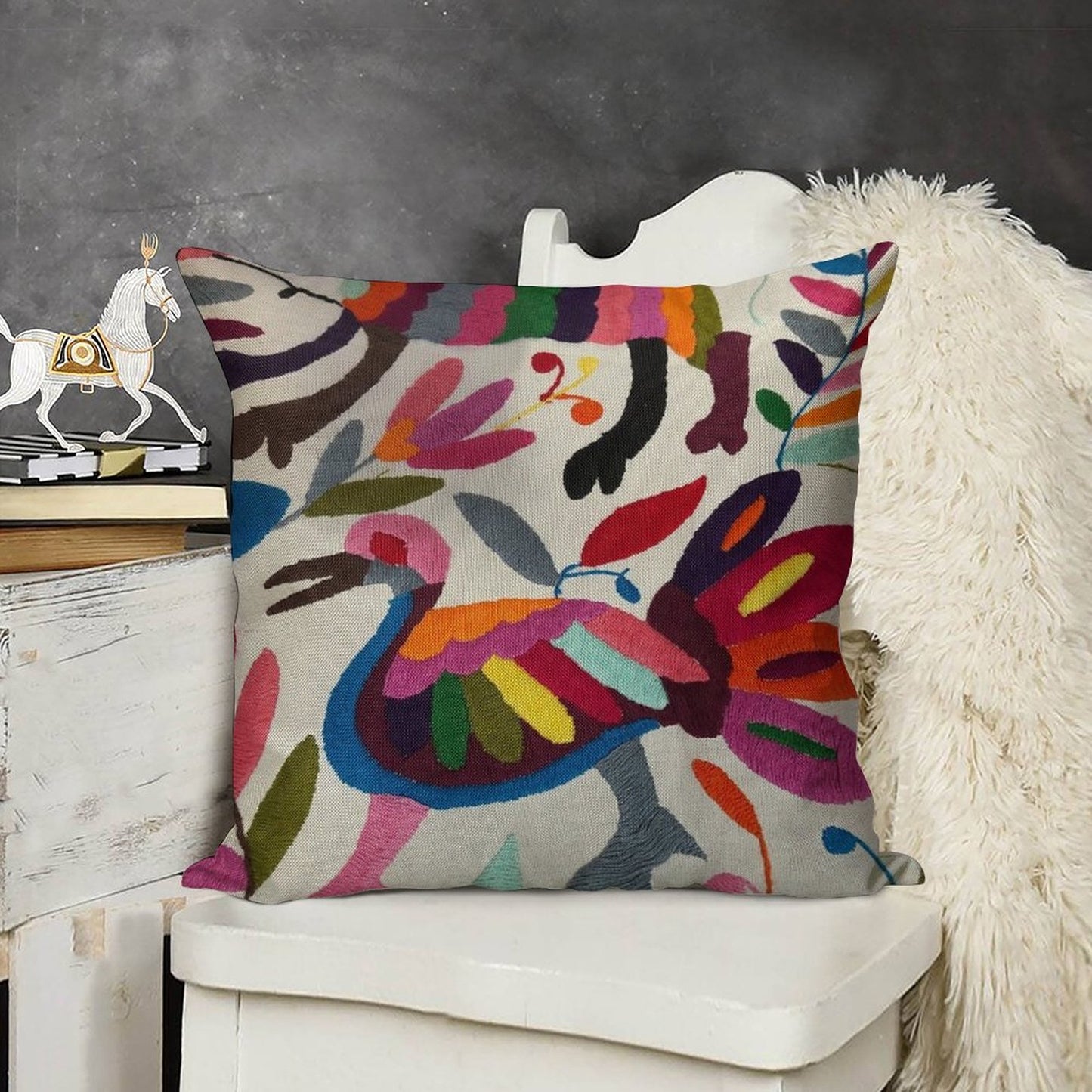 Mexican Otomi Embroidery Linen Throw Pillow Cover