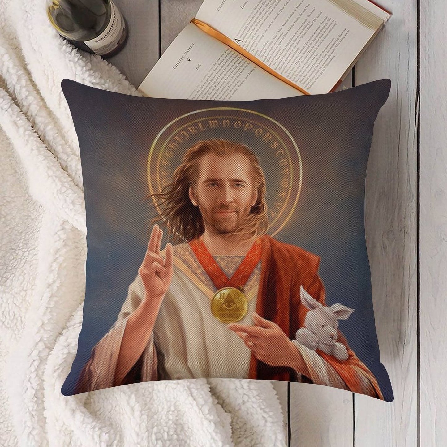 Nicolas Cage, Saint Nicolas of Cage, Nic Cage Original Religious Painting Linen Throw Pillow Cover