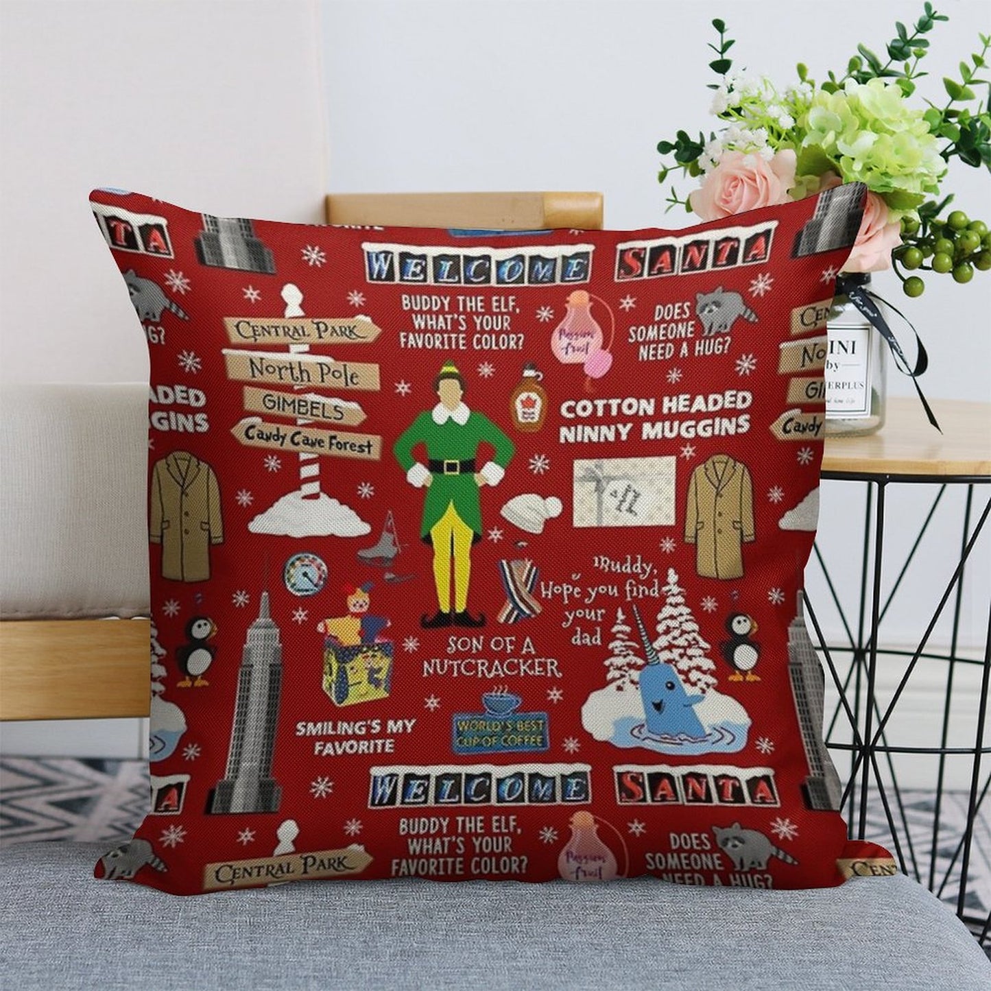 Buddy The Elf Collage, Red Background Linen Throw Pillow Cover