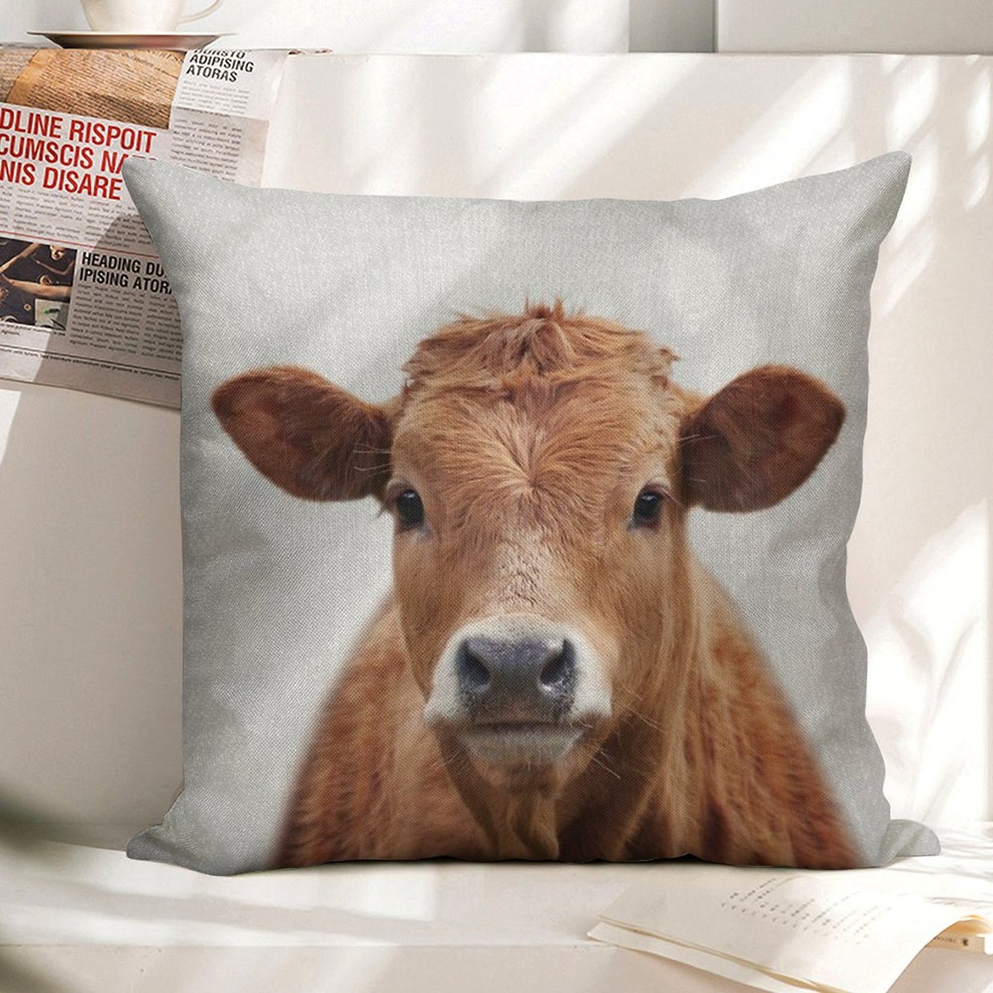 Cow - Colorful Linen Throw Pillow Cover