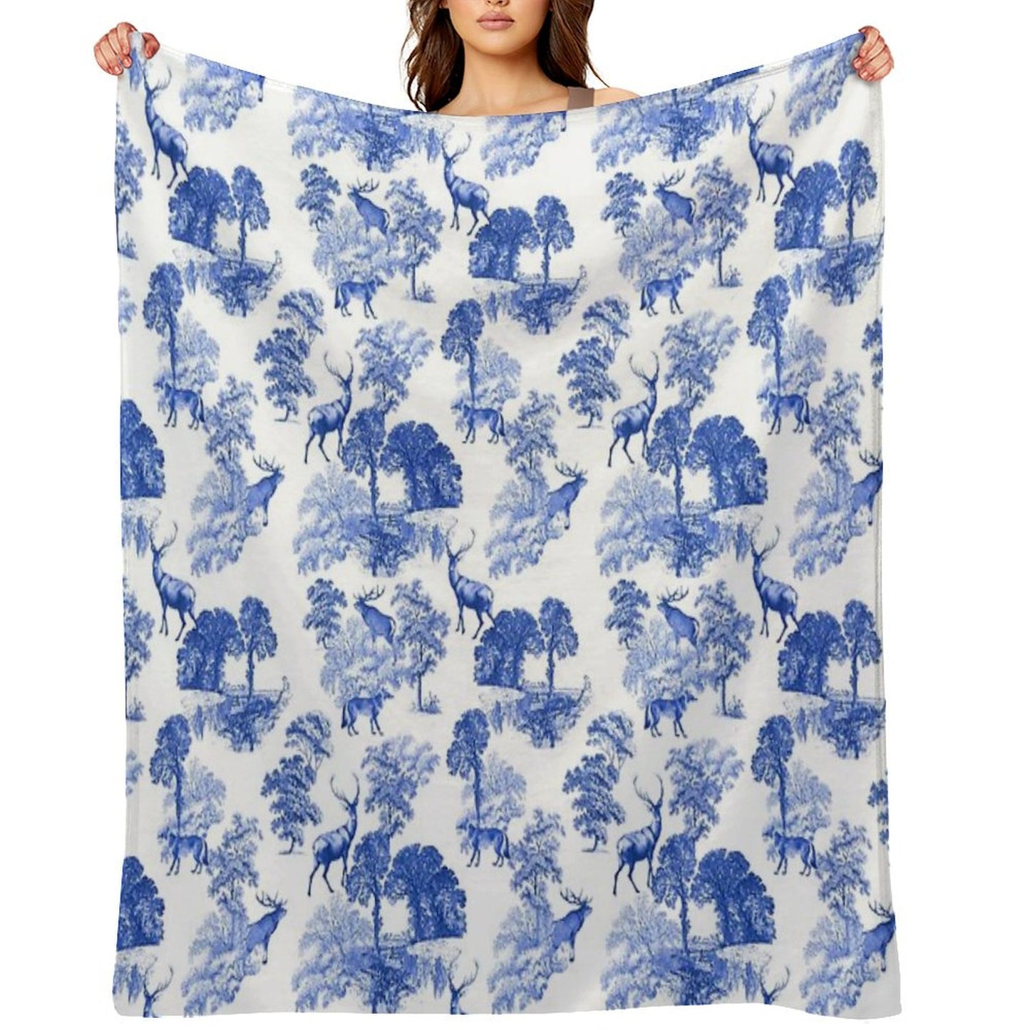 Elegant Vintage Blue Toile Deer in Woodland Throw Blanket