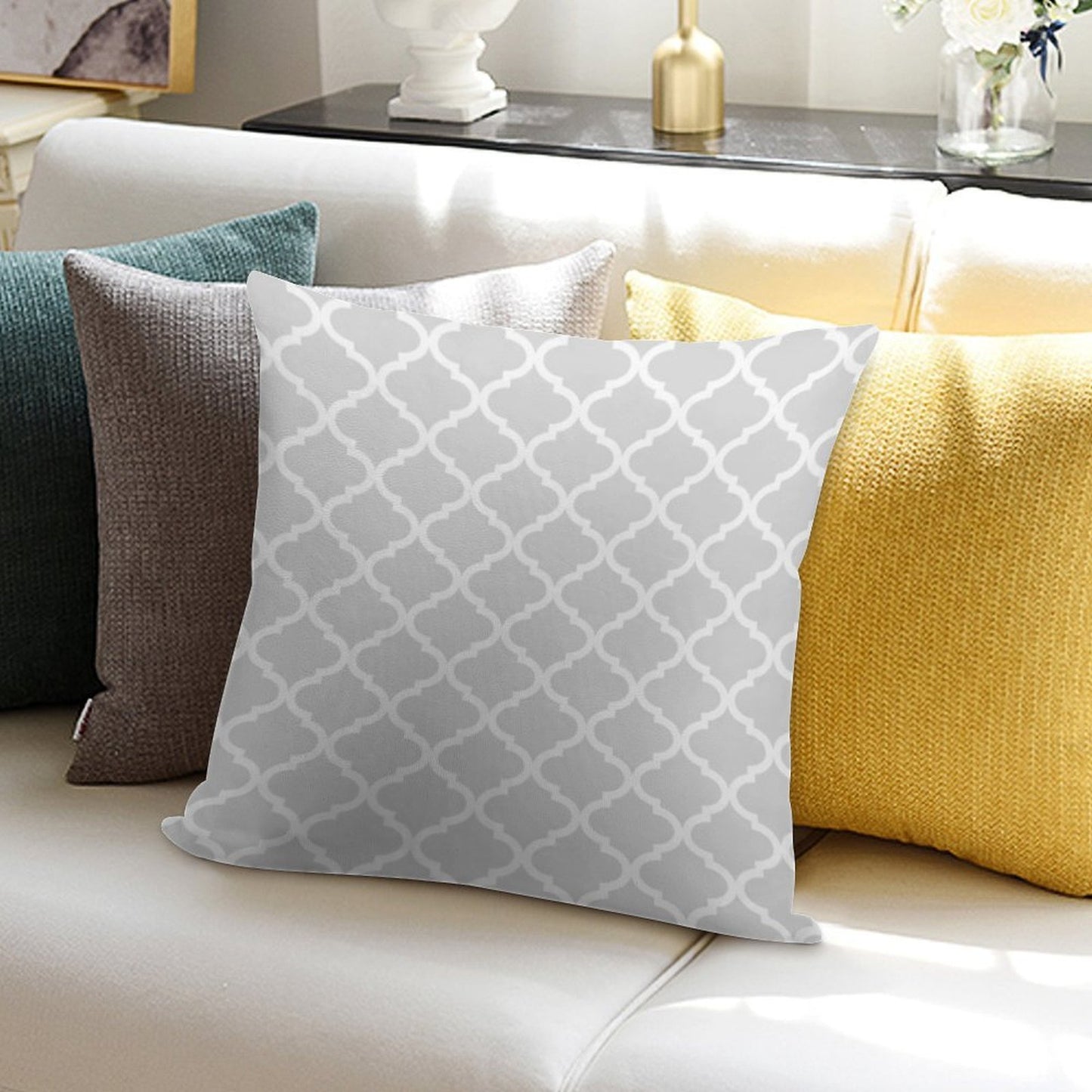Light Grey Quatrefoil Lattice Pattern Soft Warmth Comfort Throw Pillow