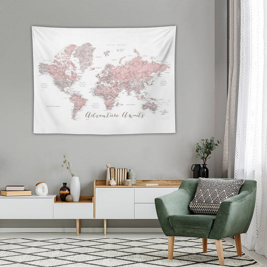 World Map Adventure Awaits in Dusty Pink And Grey Tapestry