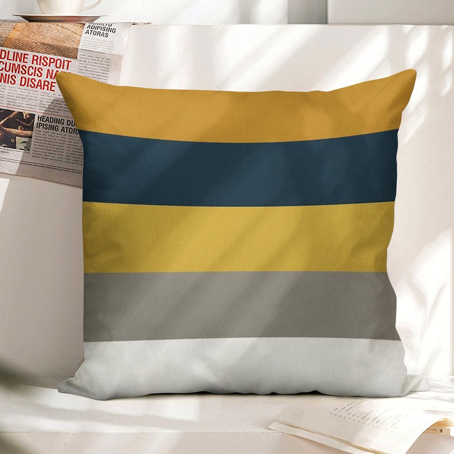 Broad Stripes Pattern in Light And Dark Mustard Yellow, Grey, White, And Navy Blue Linen Throw Pillow Cover