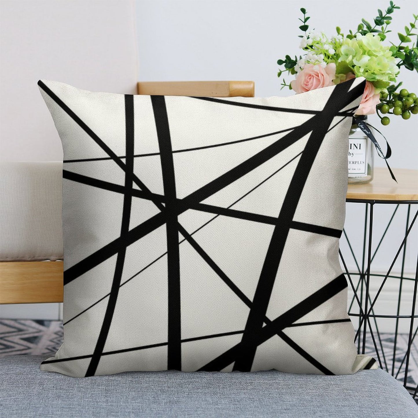 Black And White Geometric Lines Linen Throw Pillow Cover