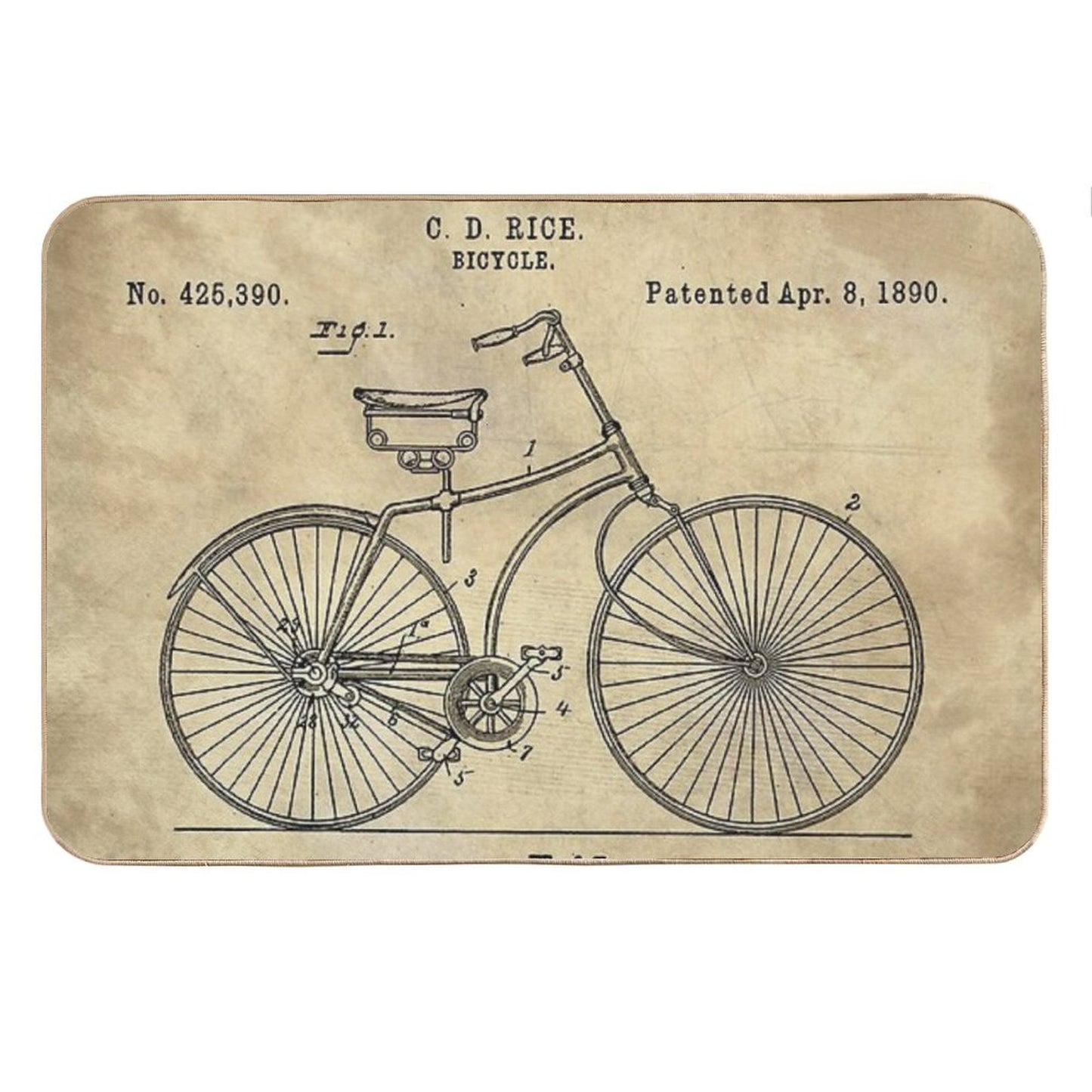 Antique Bicycle Blueprint Patent Drawing Plan, Industrial Farmhouse Bath Mat