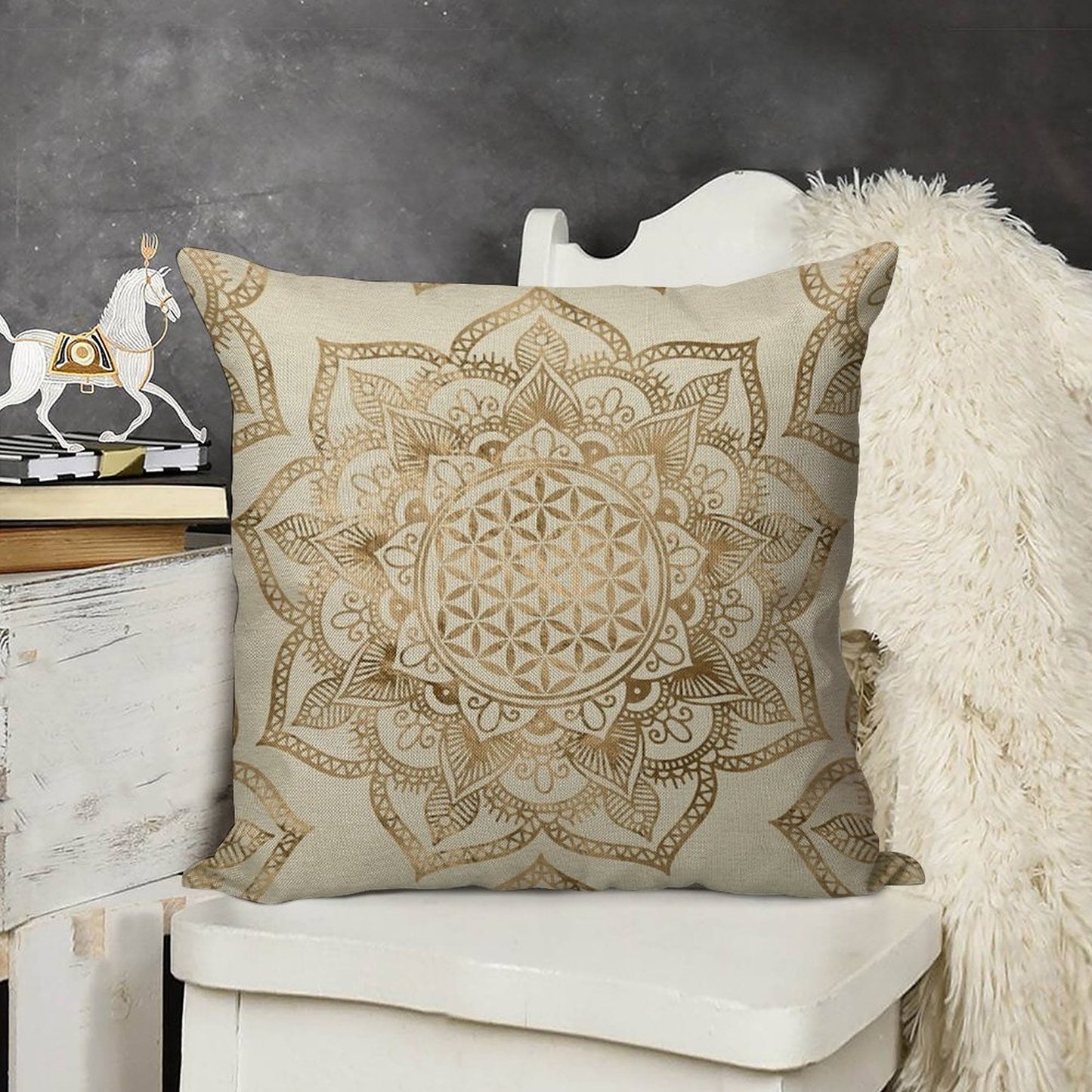 Flower of Life in Lotus - Pastel Golds And Canvas Linen Throw Pillow Cover