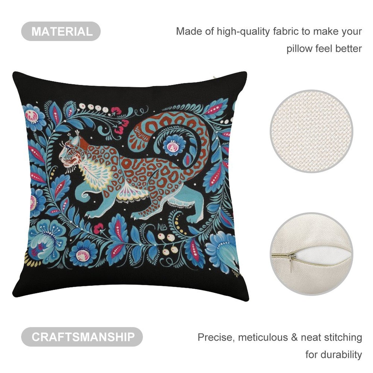 Snow Leopard Folk Art Linen Throw Pillow Cover