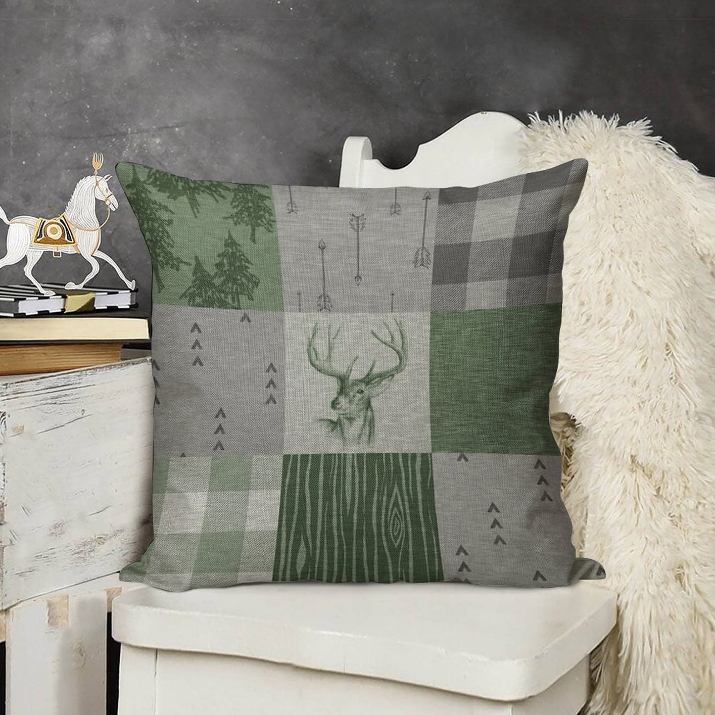 Rustic Deer Patchwork - GreenGrey Linen Throw Pillow Cover