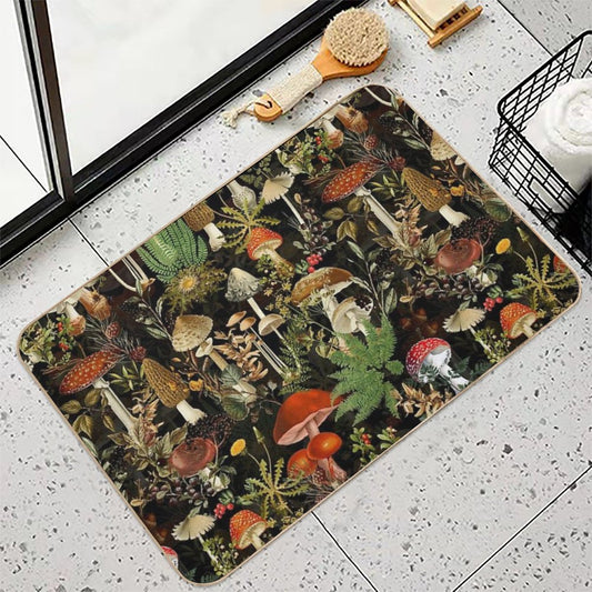Vintage Midnight Mushrooms Forest Botanical Night Garden Pattern - Black Colorful Nightgarden Bath Mat